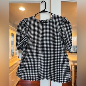 Calvin Klein Black & White Gingham Puff Sleeve Blouse